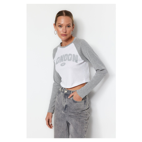 Trendyol City Gray Print Color Block Fitted/Sleeping Flexible Crop Knitted T-Shirt