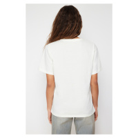 Trendyol Ecru 100% Cotton Oversize/Wide Fit V-Neck Knitted T-Shirt