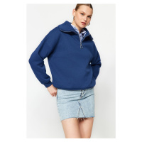 Trendyol Indigo Zipper Stand-Up Collar Thick Fleece Inside Regular Fit Knitted Sweatshirt