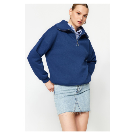 Trendyol Indigo Zipper Stand-Up Collar Thick Fleece Inside Regular Fit Knitted Sweatshirt