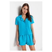 Trendyol Blue Terrycotton Shirt-Shorts Woven Pajamas Set