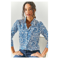 Olalook Women's Palm Navy Blue Patterned Shirt
