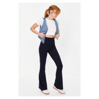 Trendyol Navy Blue Ribbed Flare/Spanish Leg High Waist Stretchy Knitted Leggings Trousers