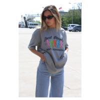 Madmext Painted Gray Printed Oversized T-Shirt