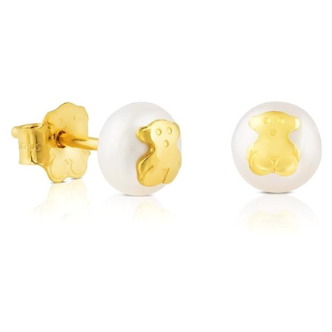 Tous Slušivé zlaté náušnice s pravou perlou a medvídkem 611003200
