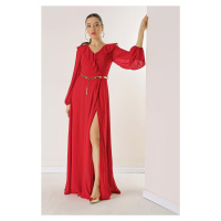 By Saygı Flounce Front Balloon Sleeve Belted Chiffon Long Dress