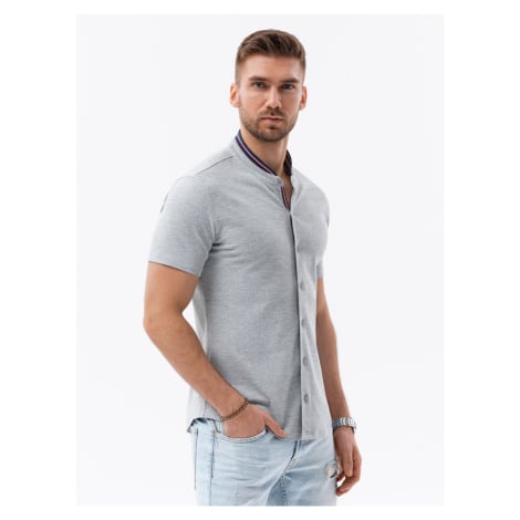 Ombre Men's knitted shirt with short sleeves and collared collar - grey