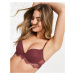 Women'secret flocked spot and lace mix longline push up bra in burgundy-Red