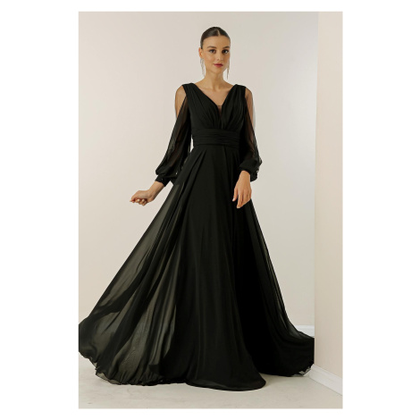 By Saygı Front Back V-Neck Front Draped Sleeves Tulle Lined Wide Body Interval Long Chiffon Dres