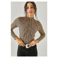 Olalook Women's Leopard Black Pieced High Neck Lycra Crop Blouse