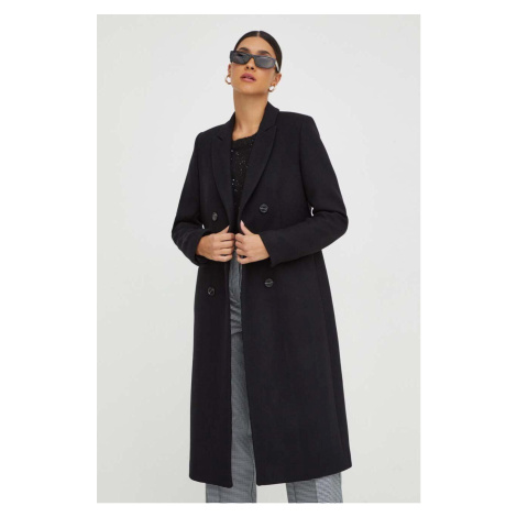 Vlněný kabát Ivy Oak černá barva, přechodný, dvouřadový IVY & OAK