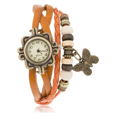 Analogové hodinky, ozdobně vyřezávané, pletený řemínek, korálky Šperky eshop