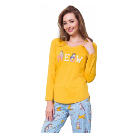 Dámské pyžamo dlouhé Vienetta Secret Kočka Meow | žlutá