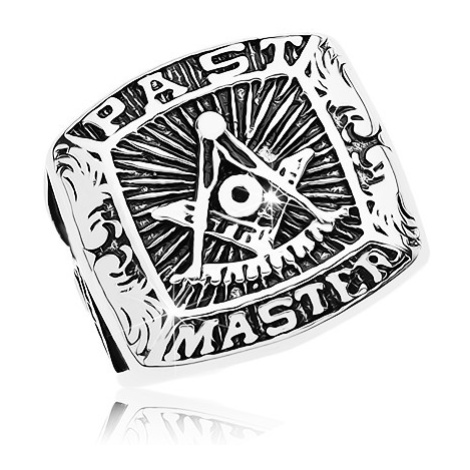 Prsten z chirurgické oceli, symboly svobodných zednářů a nápis, černá patina Šperky eshop