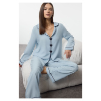 Trendyol Light Blue Heart Ribbed Viscose Woven Pajamas Set