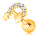 Zlatý 375 piercing do ucha - dvě hvězdičky spojené zirkonovým obloukem