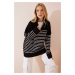 Happiness İstanbul Women's Black Zipper High Neck Striped Long Oversize Sweater