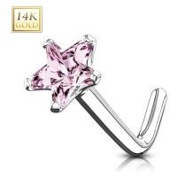 Piercing do nosu z bílého 14K zlata - zahnutý tvar, růžová zirkonová hvězda, 0,8 mm