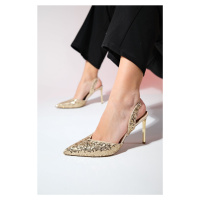 LuviShoes OVERAS Gold Sequined Pointed Toe Women's Thin Heeled Evening Shoes