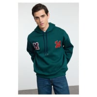 Trendyol Emerald Green Oversize/Wide Cut Letter Patch and Embroidery Detailed Hooded Sweatshirt