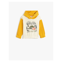 Koton Teddy Bear Printed Hooded Sweat with Color Contrast Cuffs and Elastic Waist