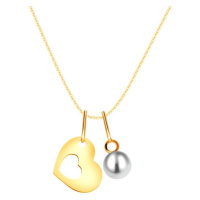 Zlatý náhrdelník 375 - silueta srdce s výřezem uprostřed, kulatá bílá perla