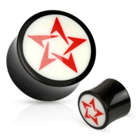 Kruhový černobílý plug do ucha z přírodního materiálu, červená hvězda - Tloušťka : 8 mm