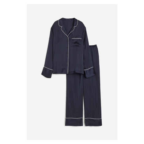 H & M - Saténové pyžamo: košile a kalhoty - modrá H&M