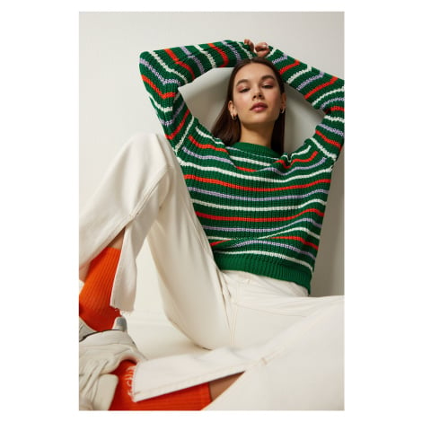 Happiness İstanbul Women's Green Striped Knitwear Sweater