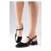 Mio Gusto Thea Black Color Patent Leather Open Back Side Buckle Women's Flat Toe Short Heeled Sh