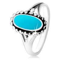 Stříbrný prsten 925, ovál v tyrkysovém odstínu, kontura z kuliček, rozdělená ramena