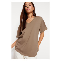 Trendyol Mink 100% Cotton Oversize/Wide Fit V-Neck Knitted T-Shirt