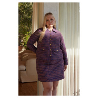 Trendyol Curve Purple Buttoned Plaid/Checked Tweed Woven Plus Size Women's Jacket