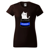 DOBRÝ TRIKO Dámské tričko s potiskem s kočkou ANTIDEPRESIVA Barva: Kávová