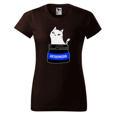 DOBRÝ TRIKO Dámské tričko s potiskem s kočkou ANTIDEPRESIVA Barva: Kávová