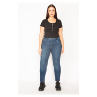 Şans Women's Plus Size Navy Blue Jeans with Side Stitching Detailed, Washing Effect and 5 Pocket