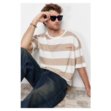 Trendyol Brown Oversize Letter Embroidered Striped 100% Cotton T-Shirt