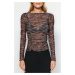 Trendyol Brown Animal Patterned Special Textured Slim Crew Neck Blouse