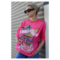 Madmext Powder Pink Printed Crew Neck Women's T-Shirt
