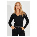 Cool & Sexy Women's Black V-Neck Ribbed Knitwear Blouse