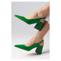 Mio Gusto Anette Green Color Pointed Toe Open Back Thick Heeled Shoes