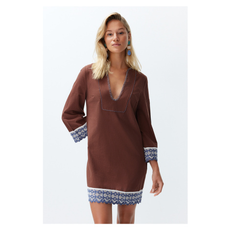 Trendyol Brown Mini Woven Stripe Accessory 100% Cotton Beach Dress