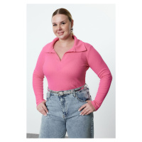 Trendyol Curve Pink Polo Collar Snap-Front Knitted Bodysuit