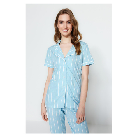 Trendyol Light Blue Cotton Striped Piping Detailed Sleep Band Knitted Pajamas Set
