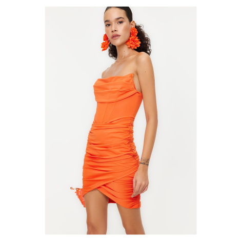 Trendyol Orange Form-fitting Lined Knitted Corset Detailed Evening Dress