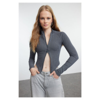 Trendyol Anthracite Washed/Faded Effect Zippered Fitted/Fits Body Ribbed Knitted Blouse