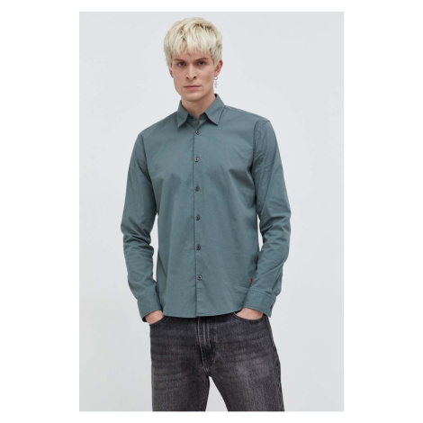 Košile HUGO pánská, zelená barva, slim, s klasickým límcem Hugo Boss