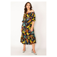Şans Women's Plus Size Colorful Carmen Collar Skirt With Layered Woven Viscose Fabric Long Dress