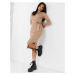 New Look tie waist knitted dress in camel-Brown