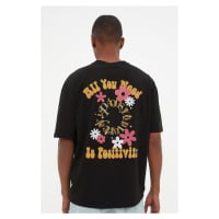 Trendyol Černá Pánské Uvolněný/Pohodlný Střih 100% bavlna Tričkový Květinový Tištěné Tričko